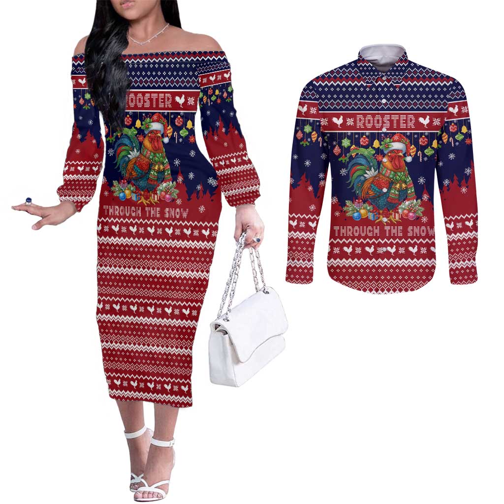 Rooster Through The Snow Christmas Couples Matching Off The Shoulder Long Sleeve Dress and Long Sleeve Button Shirt Xmas Holiday Patterns - Wonder Print Shop