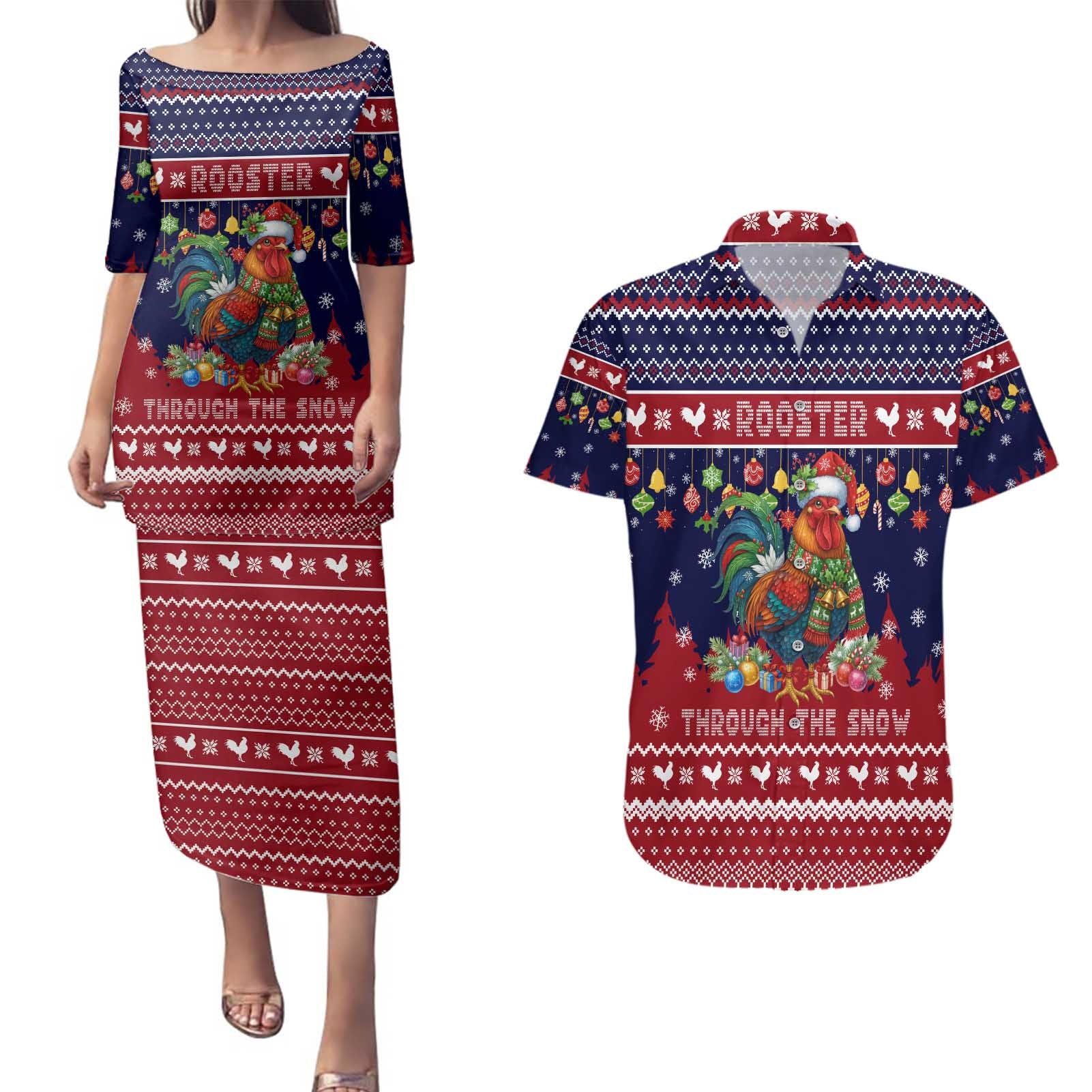 Rooster Through The Snow Christmas Couples Matching Puletasi and Hawaiian Shirt Xmas Holiday Patterns - Wonder Print Shop
