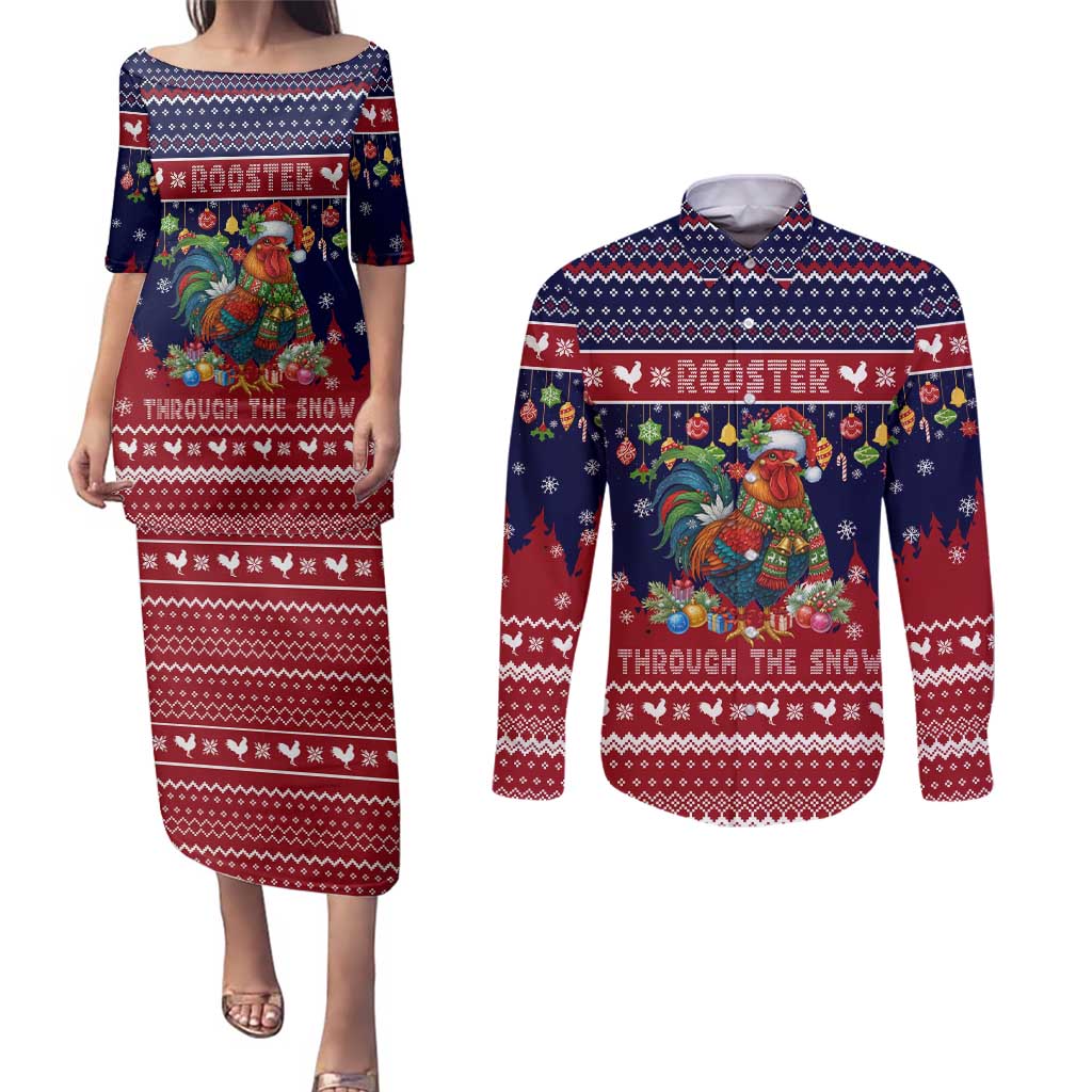 Rooster Through The Snow Christmas Couples Matching Puletasi and Long Sleeve Button Shirt Xmas Holiday Patterns - Wonder Print Shop