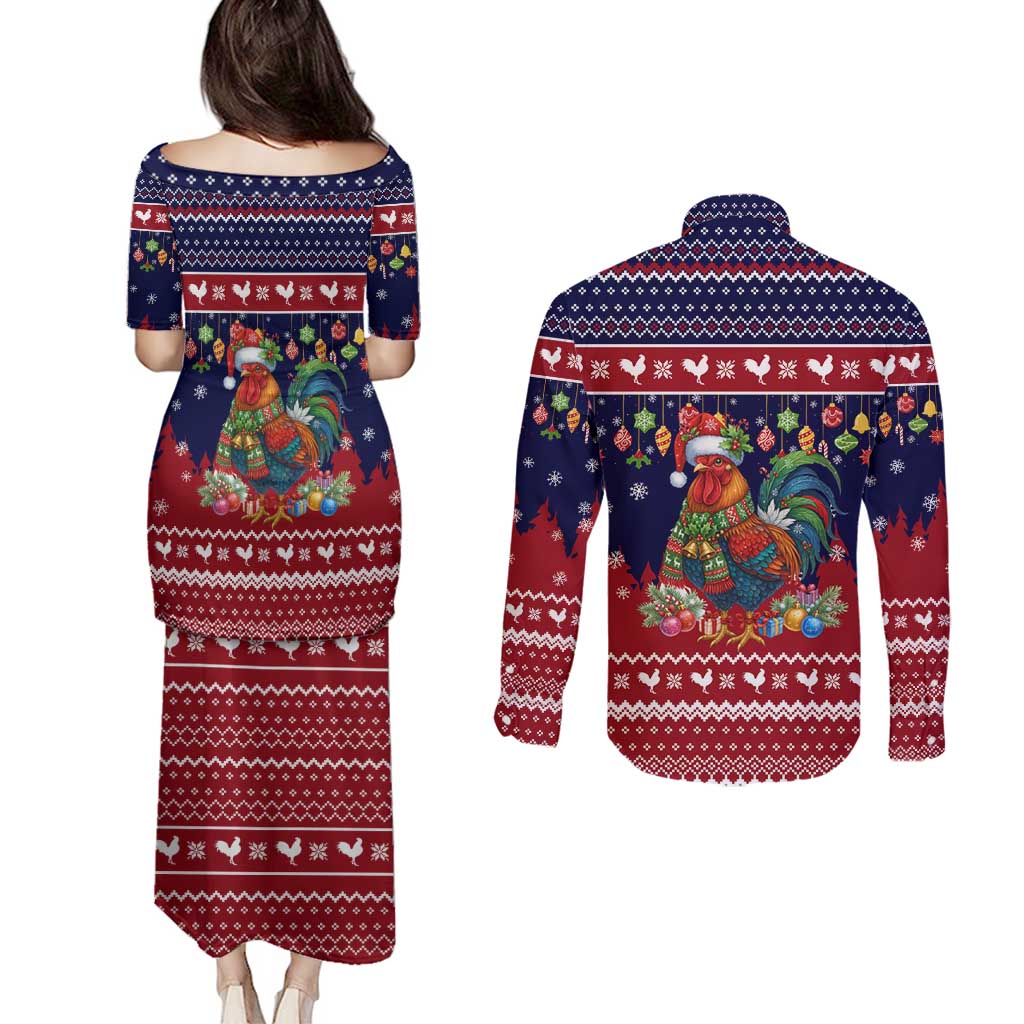 Rooster Through The Snow Christmas Couples Matching Puletasi and Long Sleeve Button Shirt Xmas Holiday Patterns - Wonder Print Shop