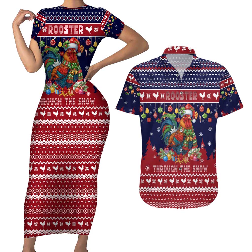 Rooster Through The Snow Christmas Couples Matching Short Sleeve Bodycon Dress and Hawaiian Shirt Xmas Holiday Patterns - Wonder Print Shop