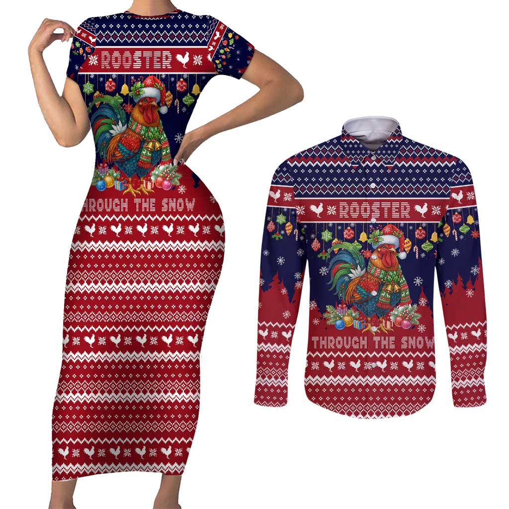 Rooster Through The Snow Christmas Couples Matching Short Sleeve Bodycon Dress and Long Sleeve Button Shirt Xmas Holiday Patterns - Wonder Print Shop