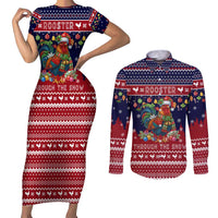 Rooster Through The Snow Christmas Couples Matching Short Sleeve Bodycon Dress and Long Sleeve Button Shirt Xmas Holiday Patterns - Wonder Print Shop
