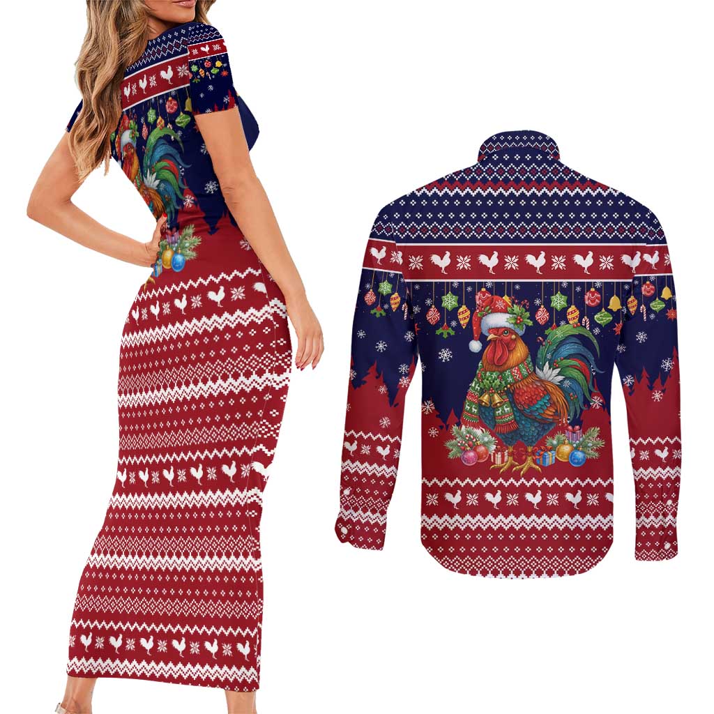Rooster Through The Snow Christmas Couples Matching Short Sleeve Bodycon Dress and Long Sleeve Button Shirt Xmas Holiday Patterns - Wonder Print Shop