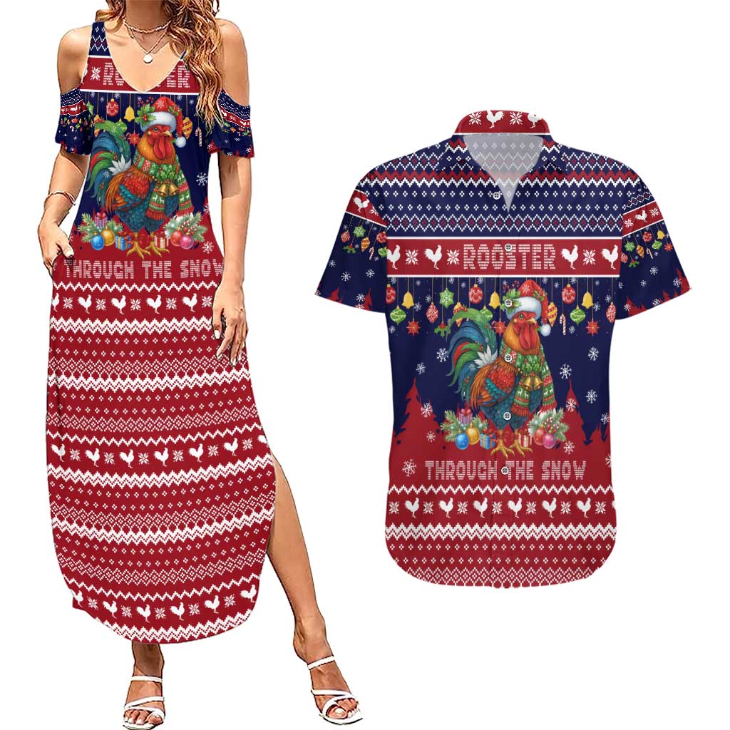 Rooster Through The Snow Christmas Couples Matching Summer Maxi Dress and Hawaiian Shirt Xmas Holiday Patterns - Wonder Print Shop