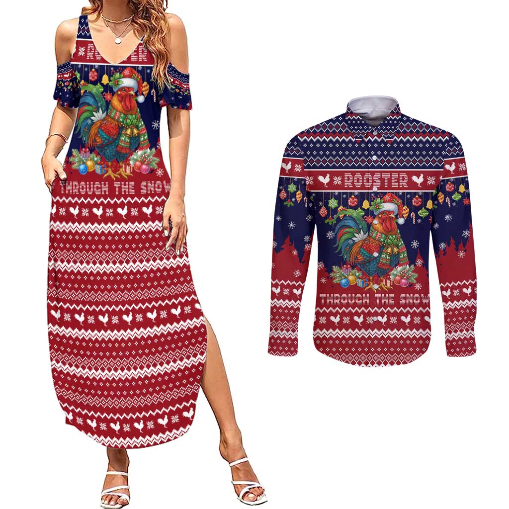 Rooster Through The Snow Christmas Couples Matching Summer Maxi Dress and Long Sleeve Button Shirt Xmas Holiday Patterns - Wonder Print Shop