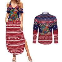 Rooster Through The Snow Christmas Couples Matching Summer Maxi Dress and Long Sleeve Button Shirt Xmas Holiday Patterns - Wonder Print Shop