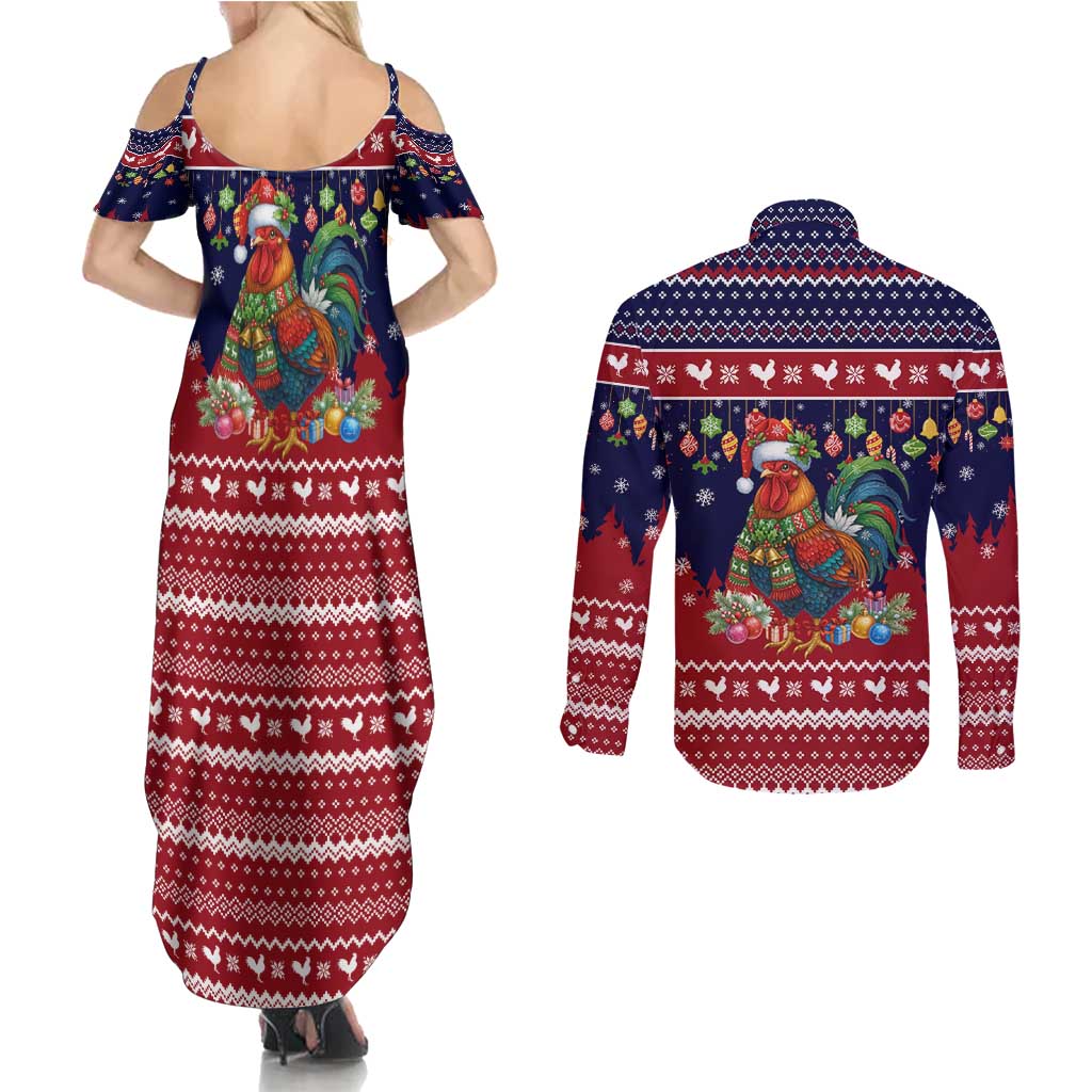 Rooster Through The Snow Christmas Couples Matching Summer Maxi Dress and Long Sleeve Button Shirt Xmas Holiday Patterns - Wonder Print Shop