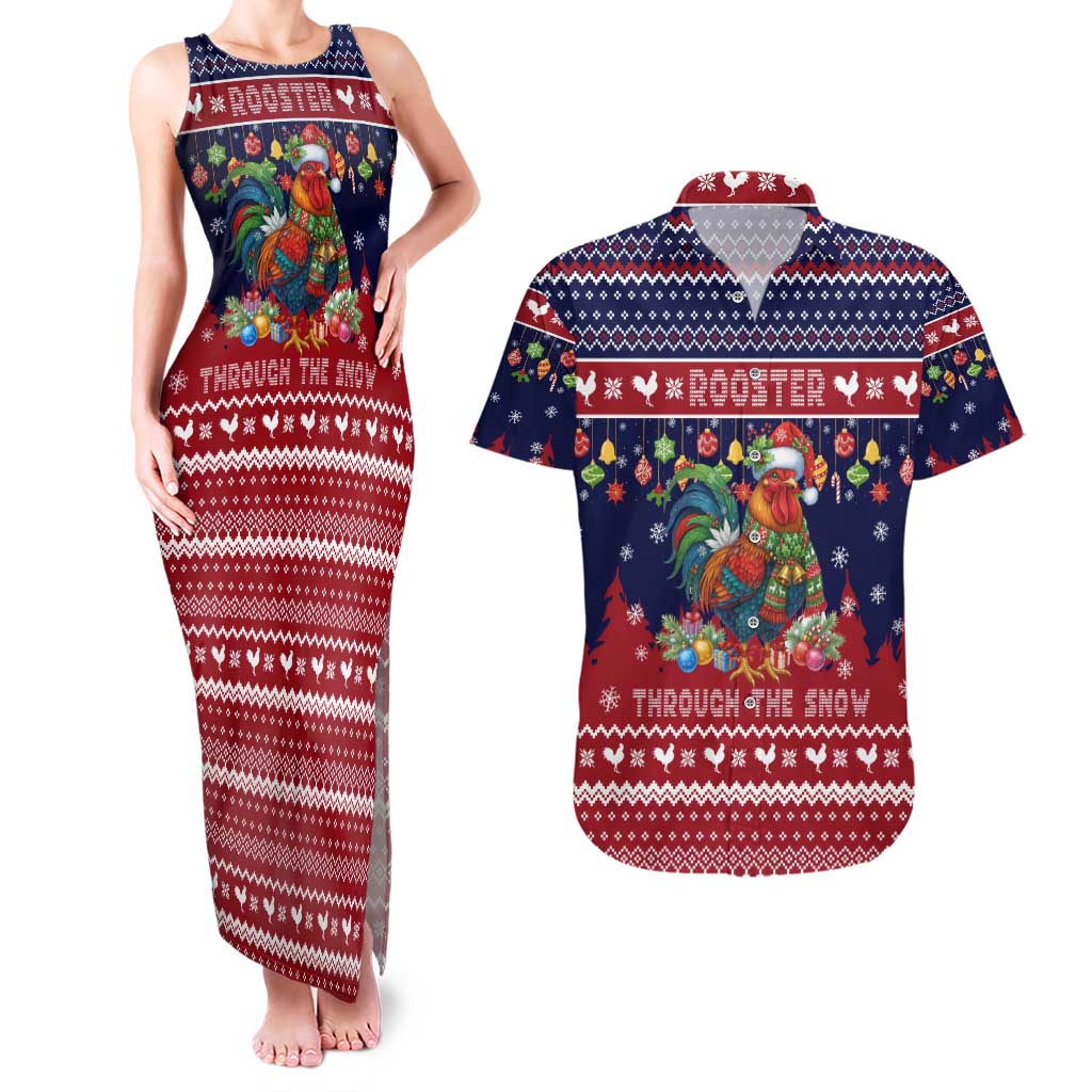 Rooster Through The Snow Christmas Couples Matching Tank Maxi Dress and Hawaiian Shirt Xmas Holiday Patterns - Wonder Print Shop