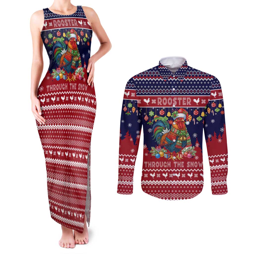 Rooster Through The Snow Christmas Couples Matching Tank Maxi Dress and Long Sleeve Button Shirt Xmas Holiday Patterns - Wonder Print Shop
