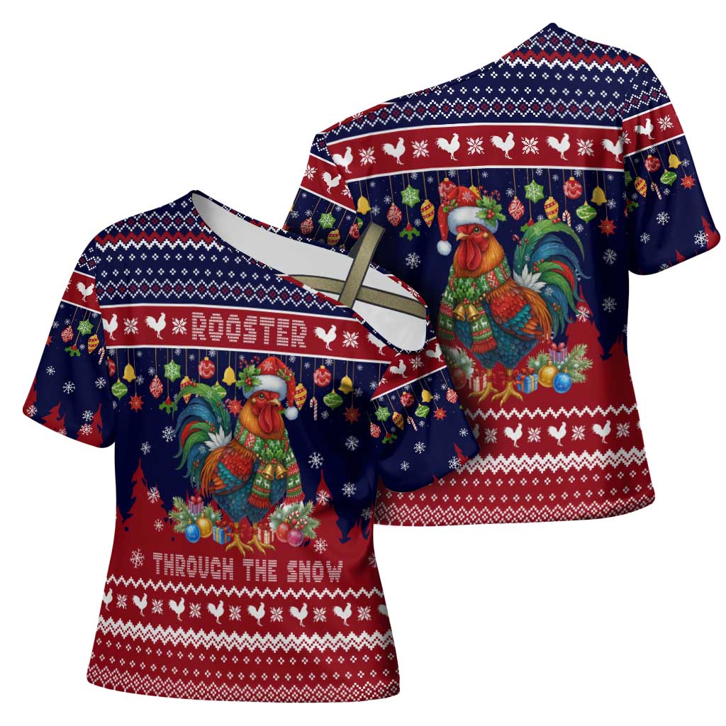 Rooster Through The Snow Christmas Cross Shoulder Shirt Xmas Holiday Patterns - Wonder Print Shop