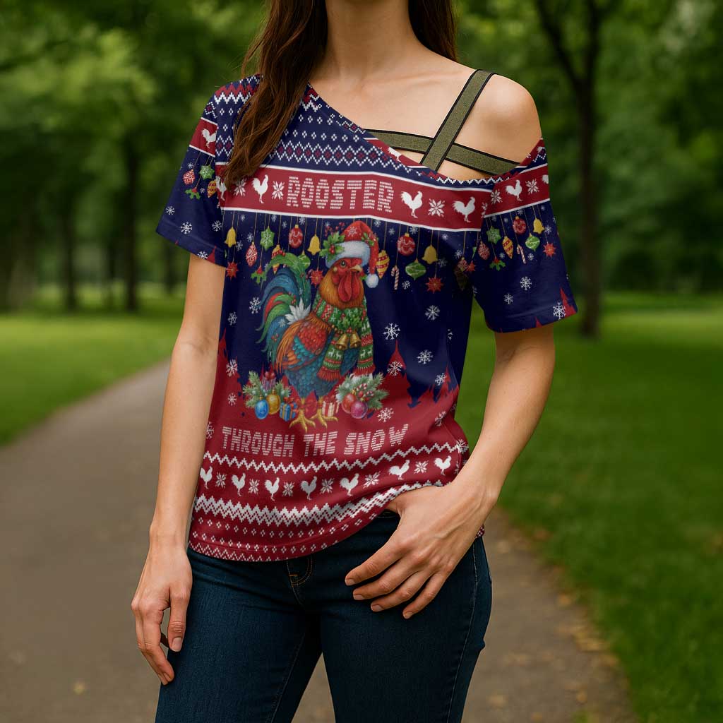 Rooster Through The Snow Christmas Cross Shoulder Shirt Xmas Holiday Patterns - Wonder Print Shop