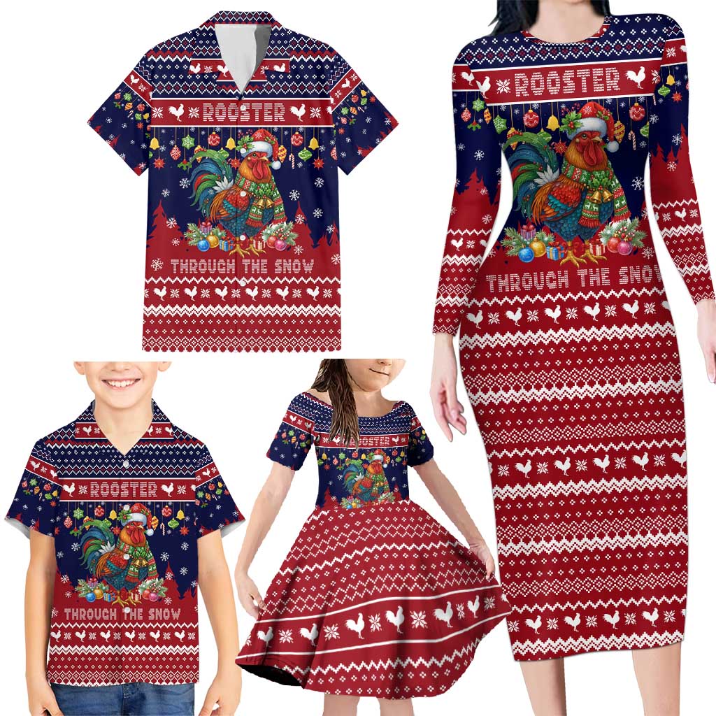 Rooster Through The Snow Christmas Family Matching Long Sleeve Bodycon Dress and Hawaiian Shirt Xmas Holiday Patterns - Wonder Print Shop