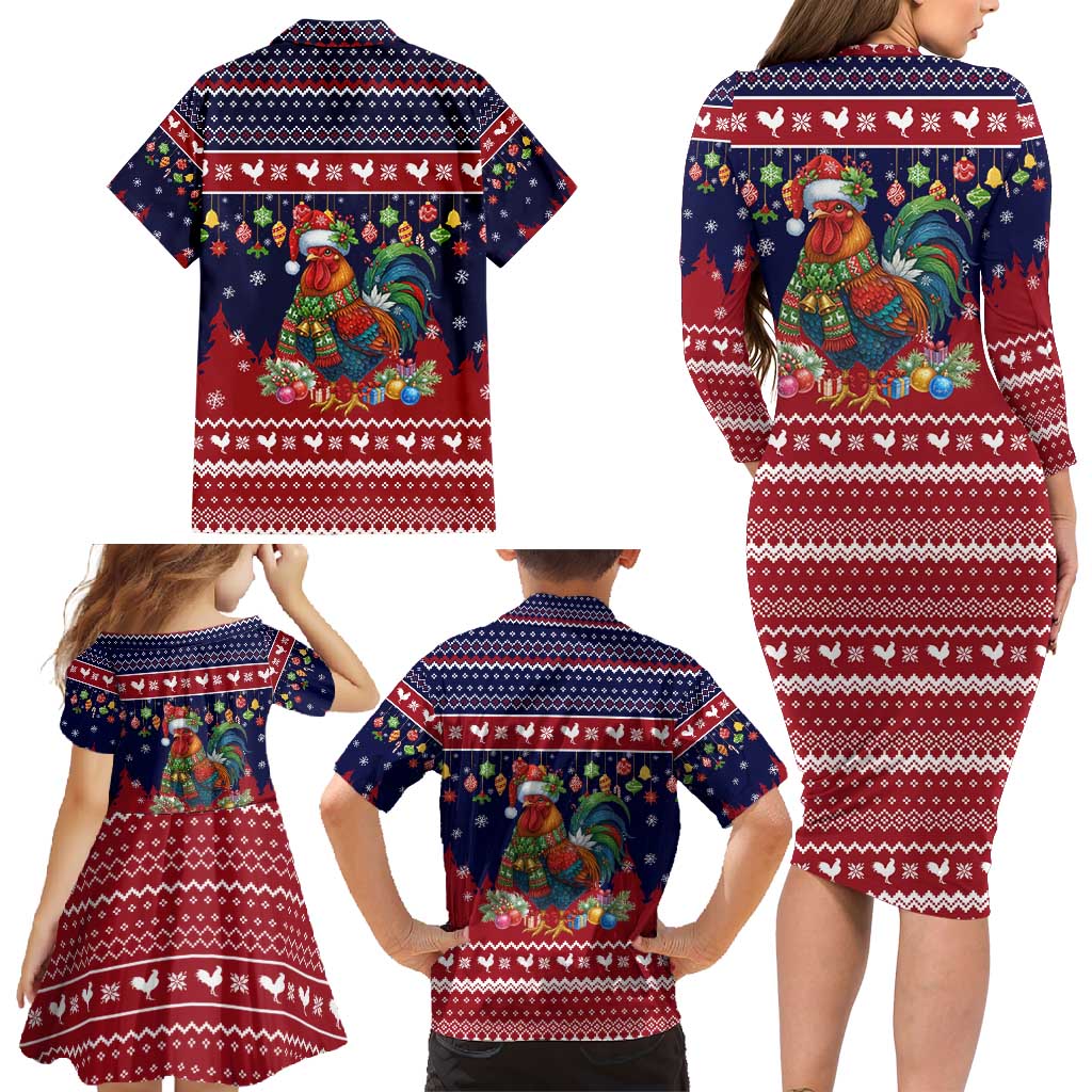 Rooster Through The Snow Christmas Family Matching Long Sleeve Bodycon Dress and Hawaiian Shirt Xmas Holiday Patterns - Wonder Print Shop