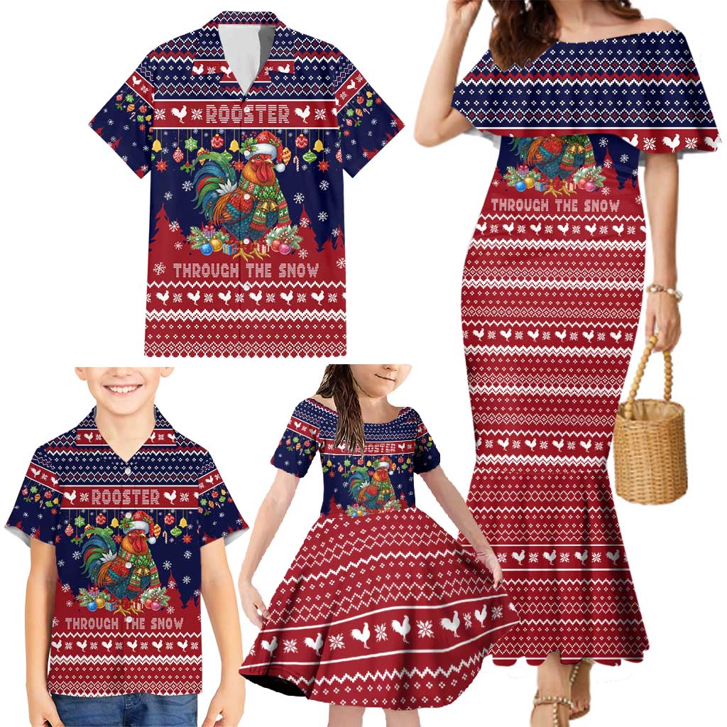 Rooster Through The Snow Christmas Family Matching Mermaid Dress and Hawaiian Shirt Xmas Holiday Patterns - Wonder Print Shop
