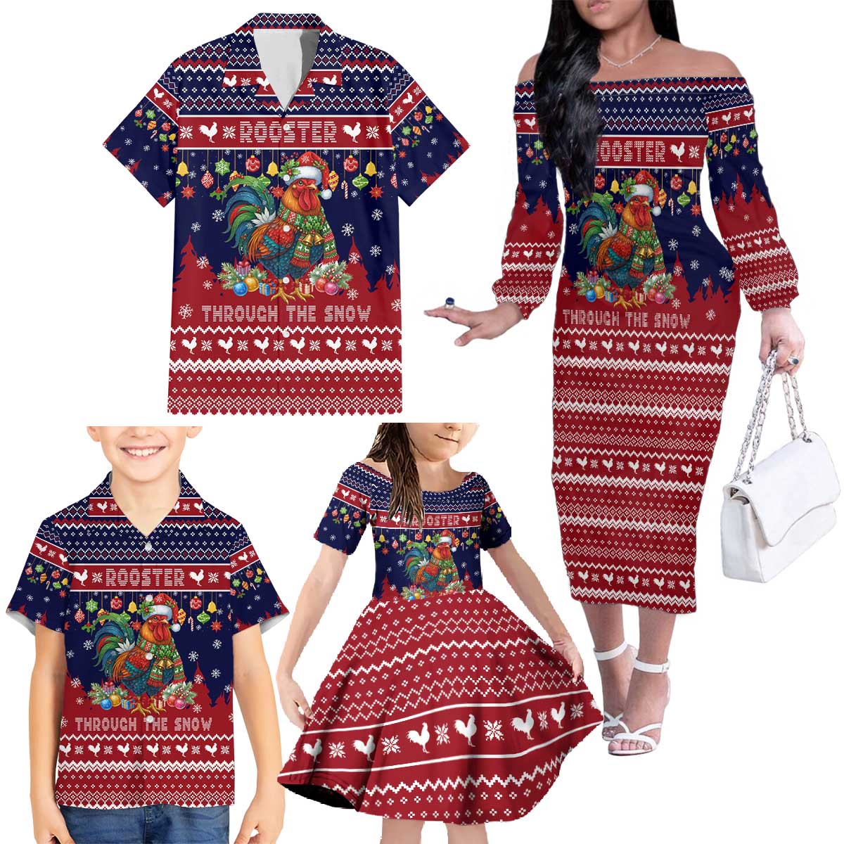 Rooster Through The Snow Christmas Family Matching Off The Shoulder Long Sleeve Dress and Hawaiian Shirt Xmas Holiday Patterns - Wonder Print Shop