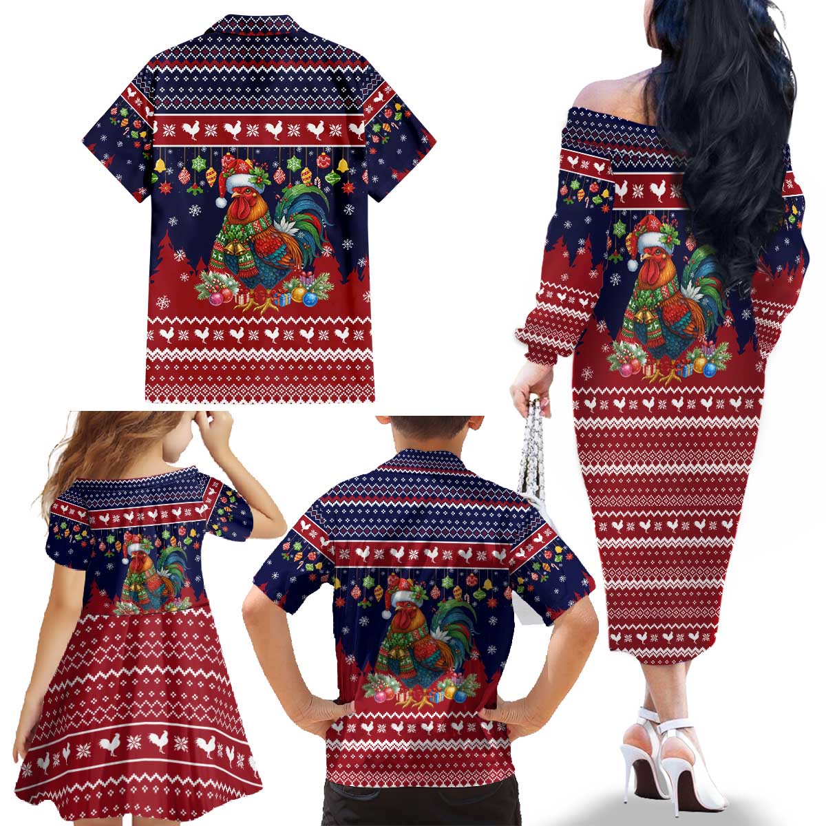 Rooster Through The Snow Christmas Family Matching Off The Shoulder Long Sleeve Dress and Hawaiian Shirt Xmas Holiday Patterns - Wonder Print Shop