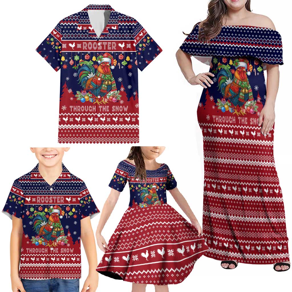 Rooster Through The Snow Christmas Family Matching Off Shoulder Maxi Dress and Hawaiian Shirt Xmas Holiday Patterns - Wonder Print Shop