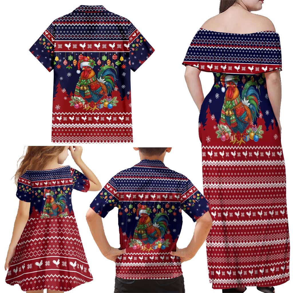 Rooster Through The Snow Christmas Family Matching Off Shoulder Maxi Dress and Hawaiian Shirt Xmas Holiday Patterns - Wonder Print Shop