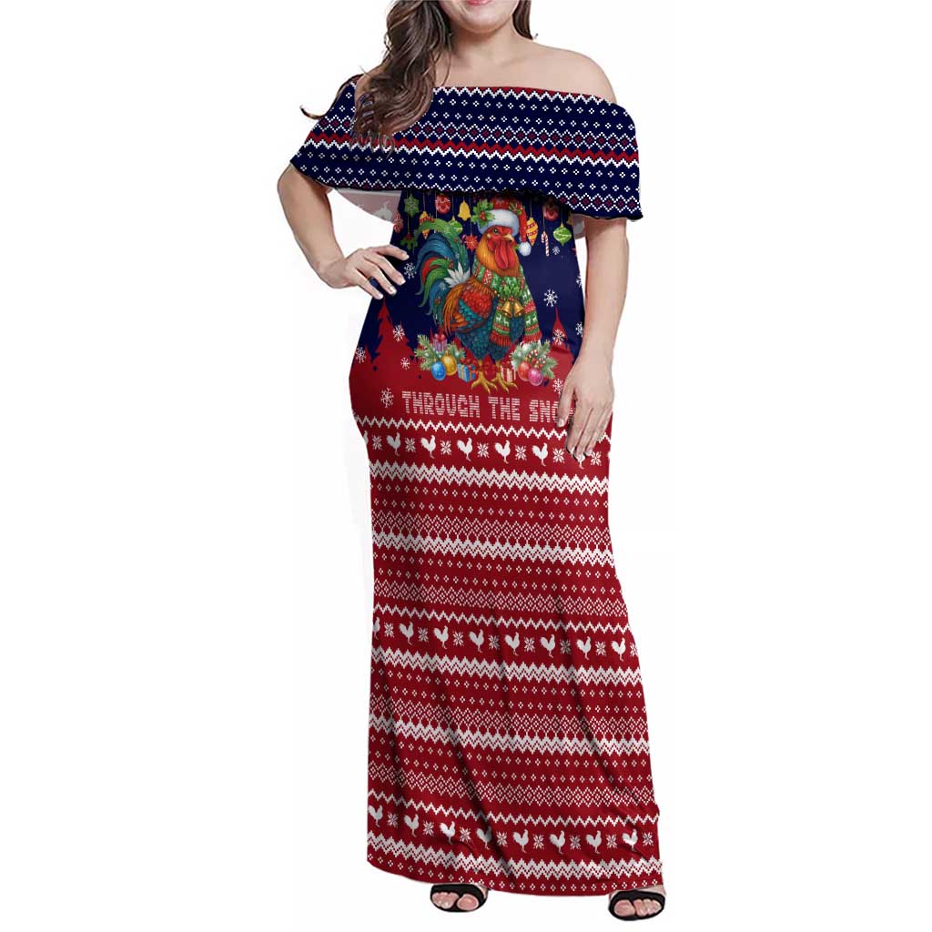 Rooster Through The Snow Christmas Family Matching Off Shoulder Maxi Dress and Hawaiian Shirt Xmas Holiday Patterns - Wonder Print Shop