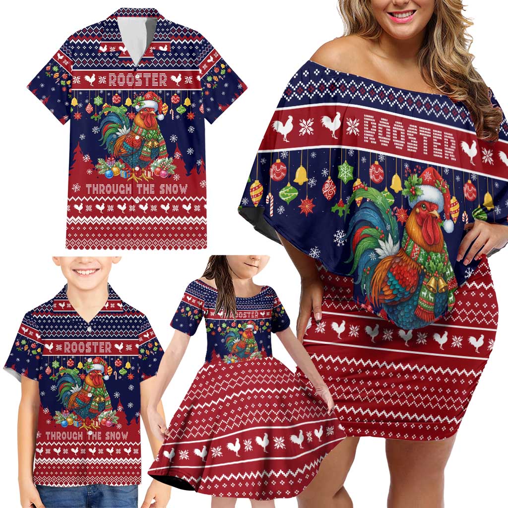 Rooster Through The Snow Christmas Family Matching Off Shoulder Short Dress and Hawaiian Shirt Xmas Holiday Patterns - Wonder Print Shop