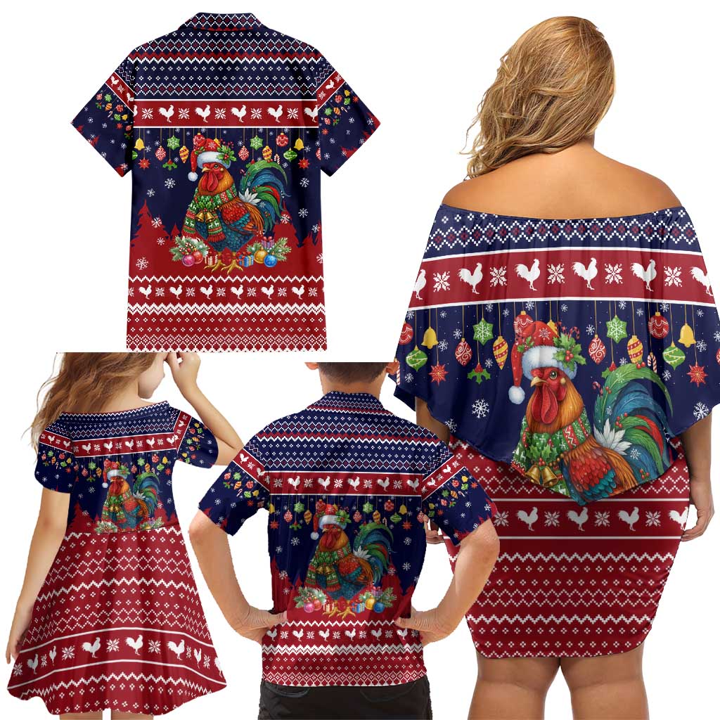 Rooster Through The Snow Christmas Family Matching Off Shoulder Short Dress and Hawaiian Shirt Xmas Holiday Patterns - Wonder Print Shop