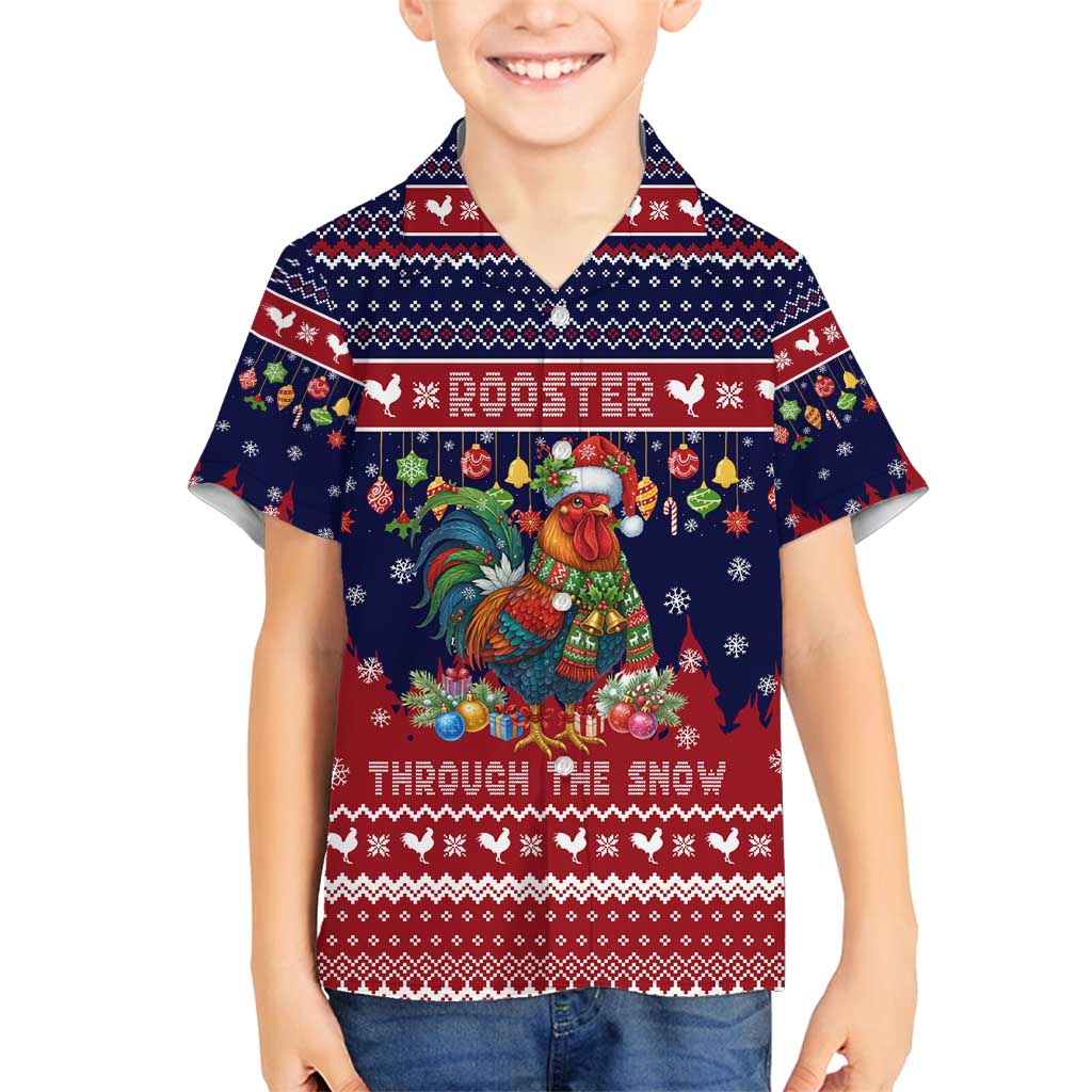 Rooster Through The Snow Christmas Family Matching Off Shoulder Short Dress and Hawaiian Shirt Xmas Holiday Patterns - Wonder Print Shop
