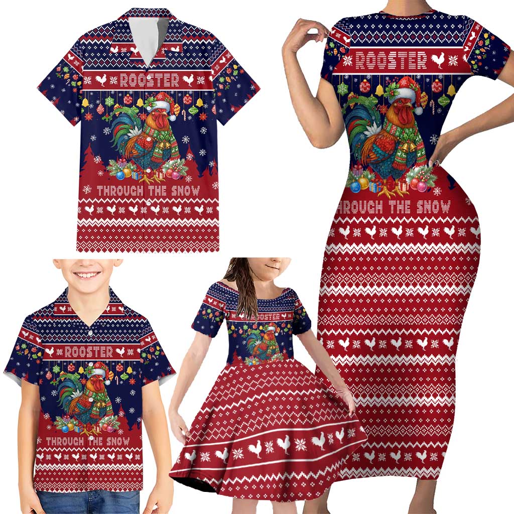 Rooster Through The Snow Christmas Family Matching Short Sleeve Bodycon Dress and Hawaiian Shirt Xmas Holiday Patterns - Wonder Print Shop