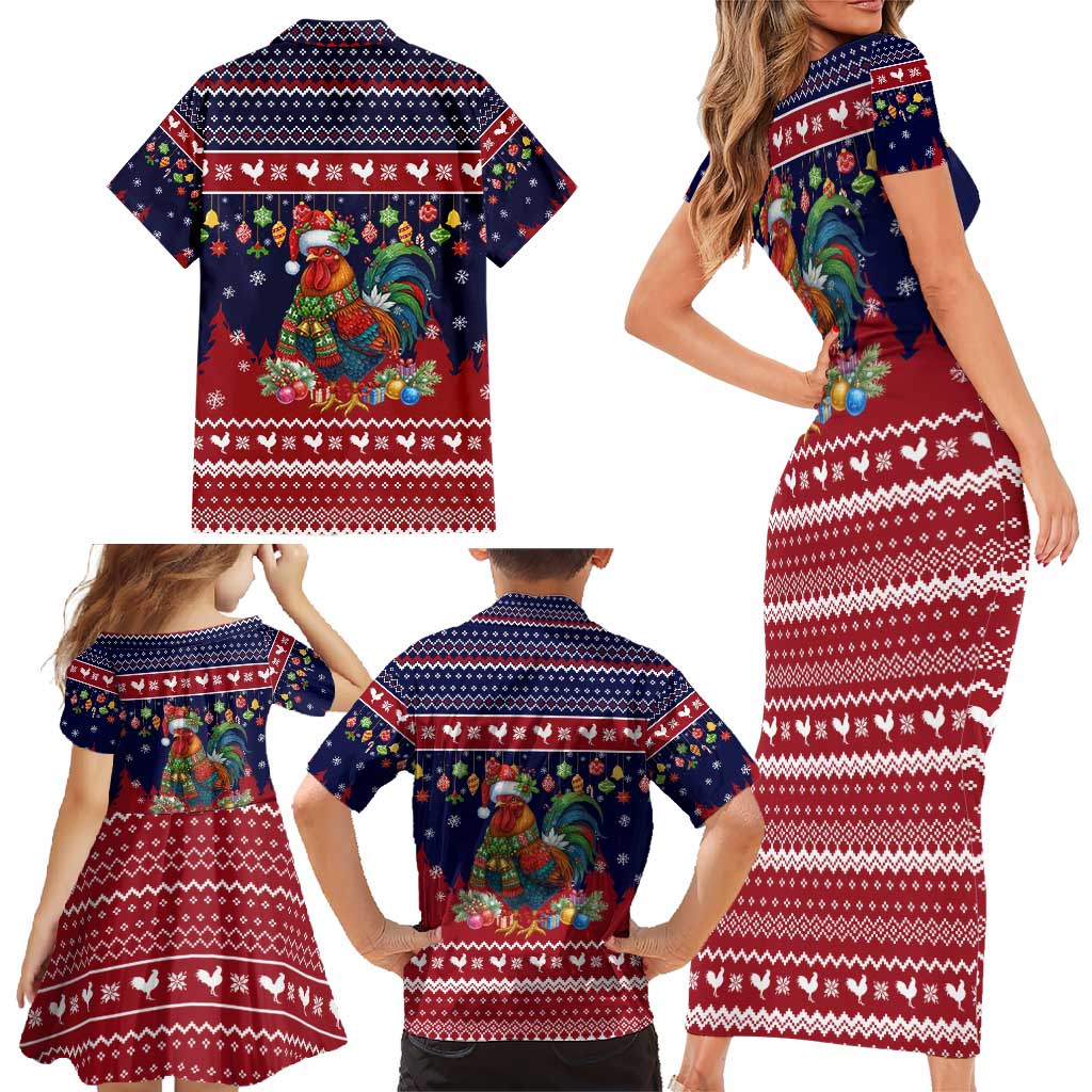 Rooster Through The Snow Christmas Family Matching Short Sleeve Bodycon Dress and Hawaiian Shirt Xmas Holiday Patterns - Wonder Print Shop