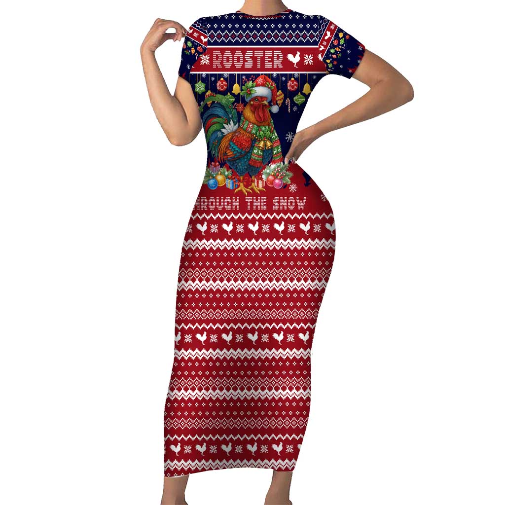 Rooster Through The Snow Christmas Family Matching Short Sleeve Bodycon Dress and Hawaiian Shirt Xmas Holiday Patterns - Wonder Print Shop