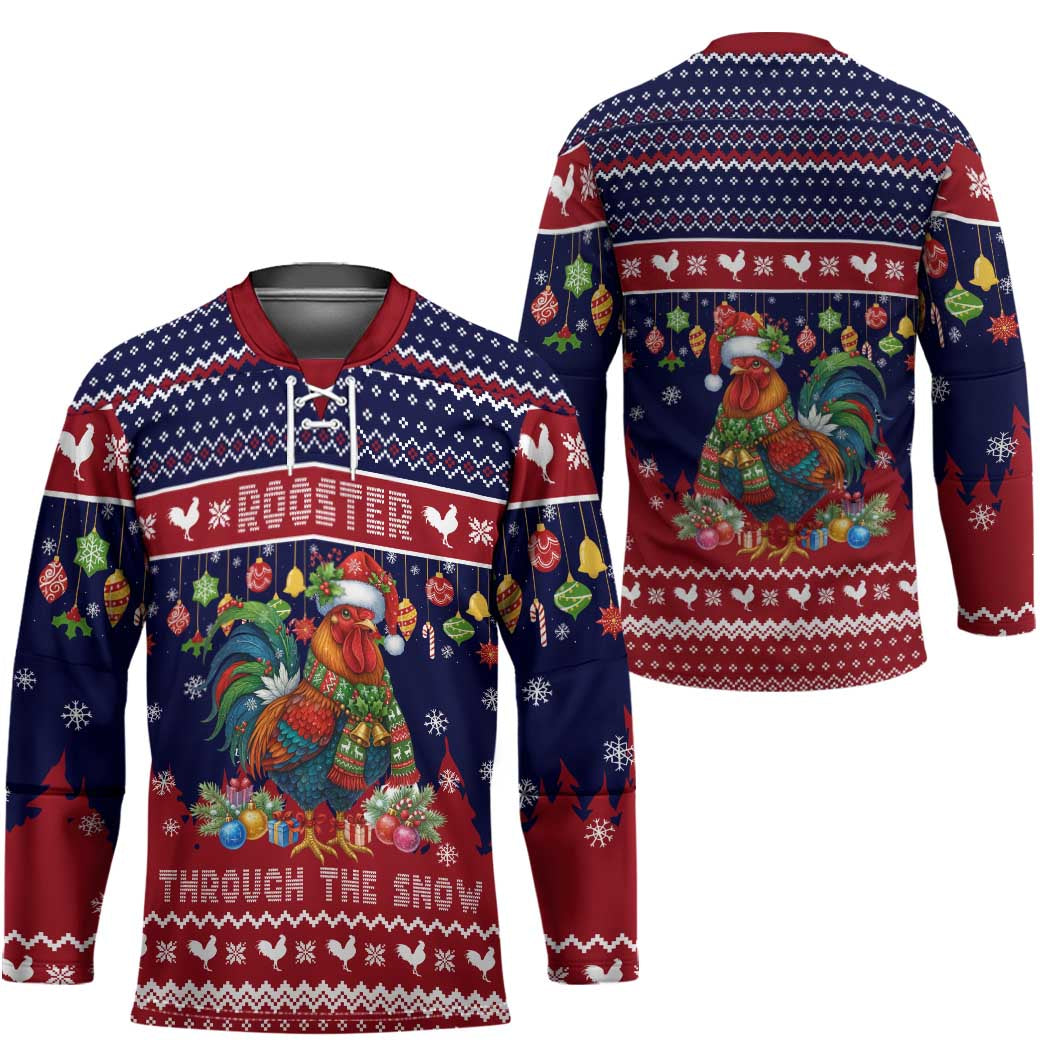 Rooster Through The Snow Christmas Hockey Jersey Xmas Holiday Patterns - Wonder Print Shop