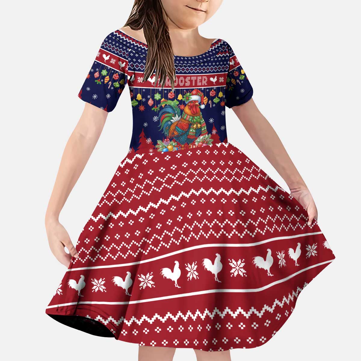 Rooster Through The Snow Christmas Kid Short Sleeve Dress Xmas Holiday Patterns - Wonder Print Shop
