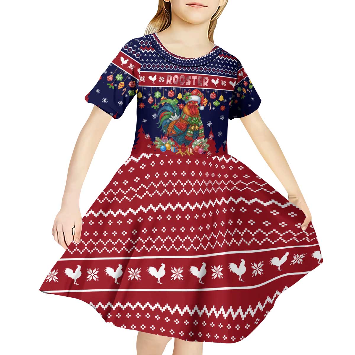 Rooster Through The Snow Christmas Kid Short Sleeve Dress Xmas Holiday Patterns - Wonder Print Shop