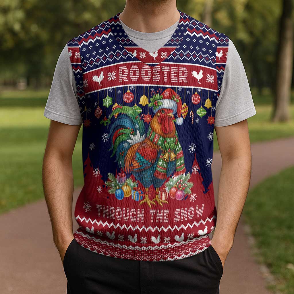 Rooster Through The Snow Christmas Knitted V-Neck Vest Xmas Holiday Patterns - Wonder Print Shop