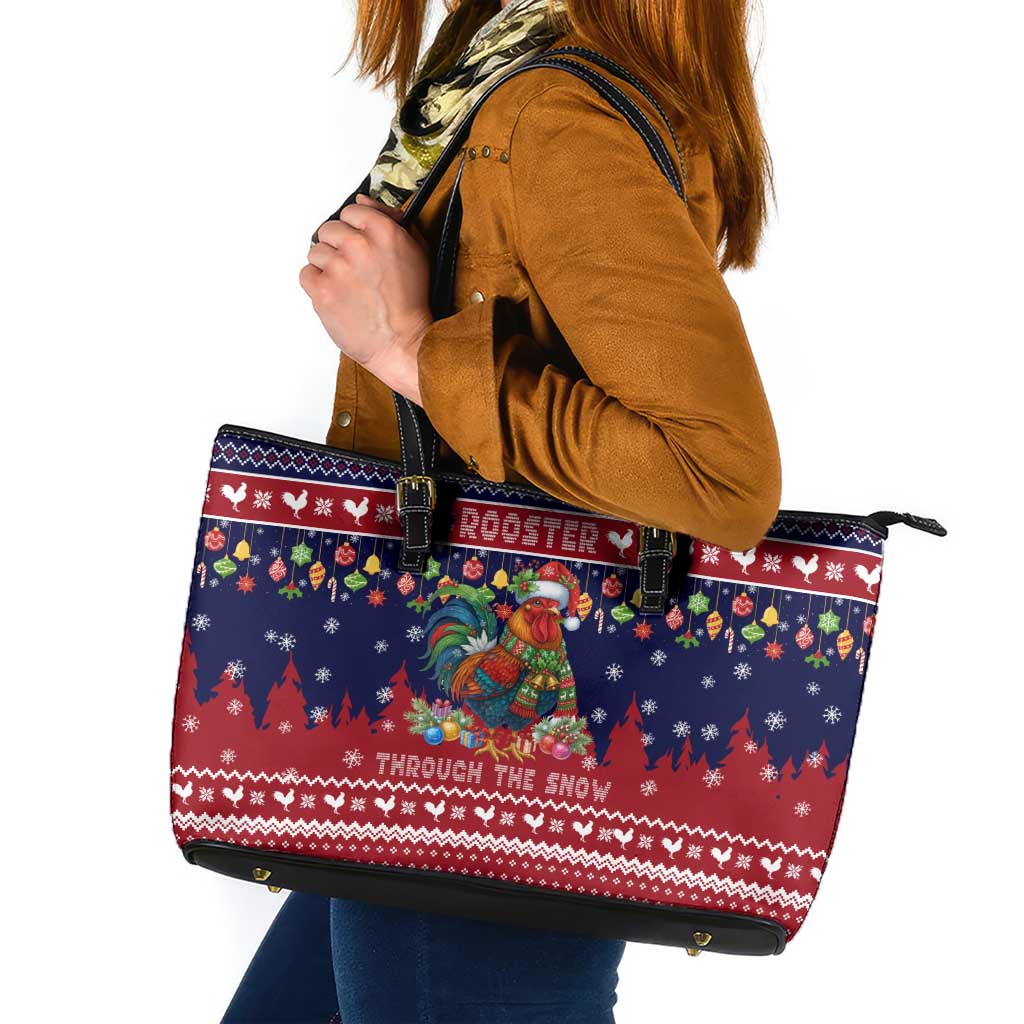 Rooster Through The Snow Christmas Leather Tote Bag Xmas Holiday Patterns - Wonder Print Shop