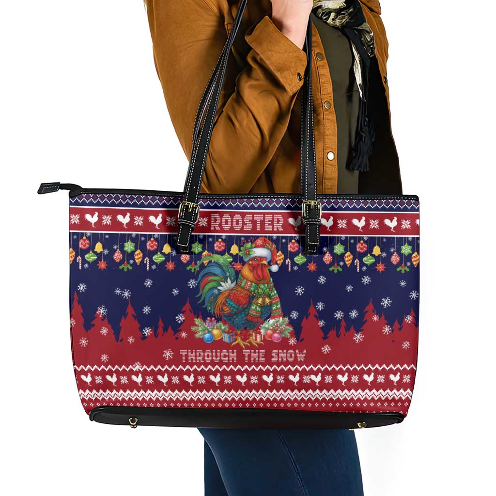 Rooster Through The Snow Christmas Leather Tote Bag Xmas Holiday Patterns - Wonder Print Shop