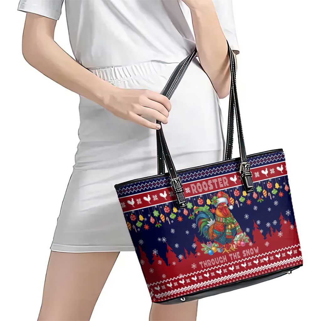Rooster Through The Snow Christmas Leather Tote Bag Xmas Holiday Patterns - Wonder Print Shop