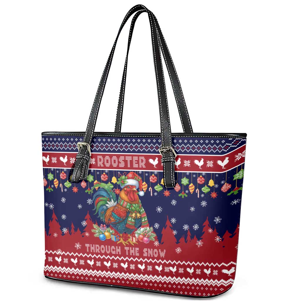 Rooster Through The Snow Christmas Leather Tote Bag Xmas Holiday Patterns - Wonder Print Shop