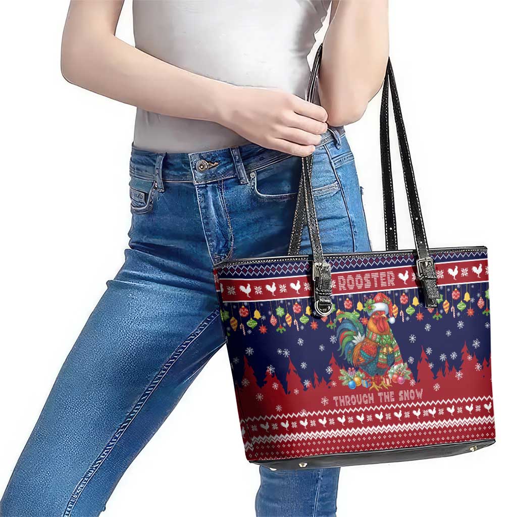 Rooster Through The Snow Christmas Leather Tote Bag Xmas Holiday Patterns - Wonder Print Shop
