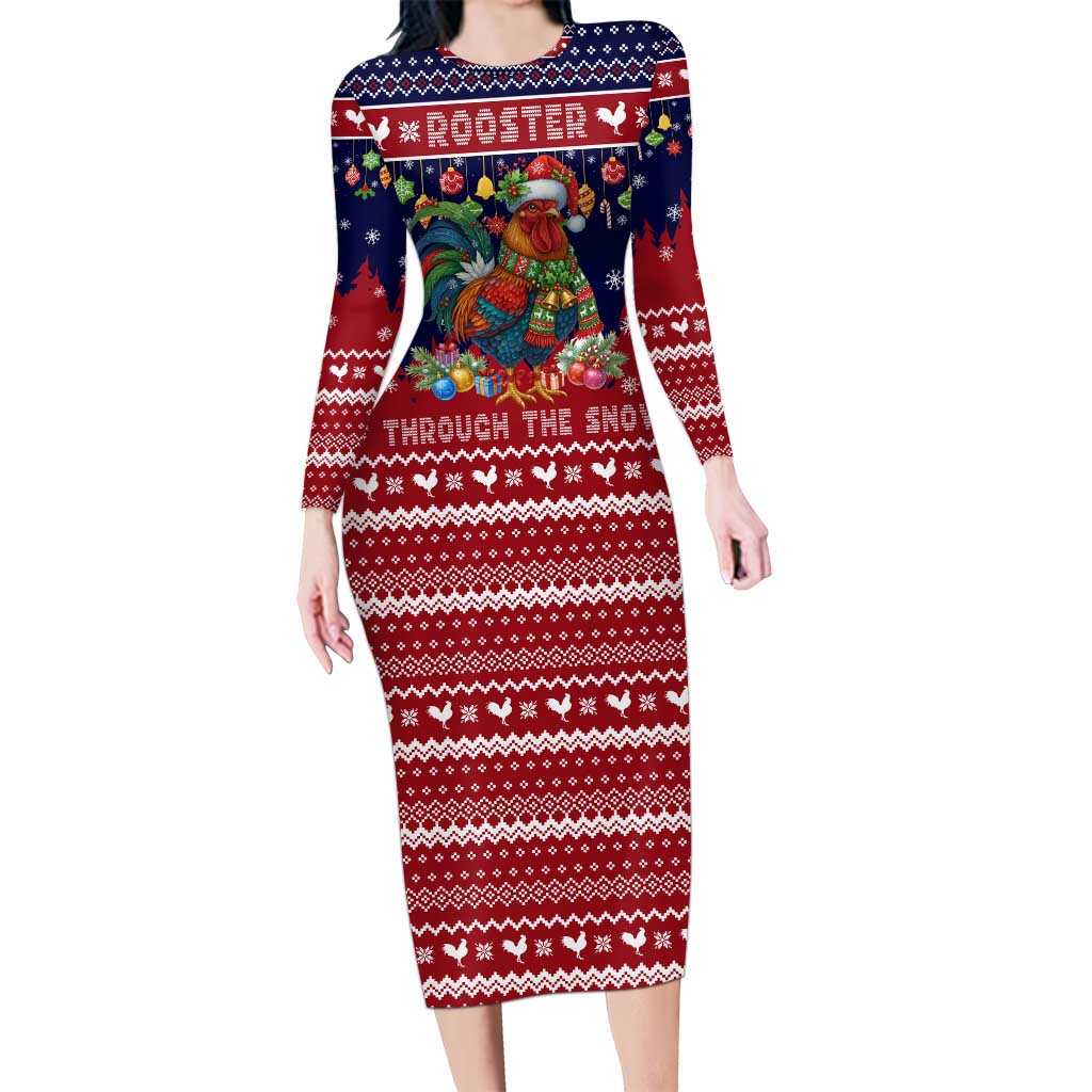 Rooster Through The Snow Christmas Long Sleeve Bodycon Dress Xmas Holiday Patterns - Wonder Print Shop