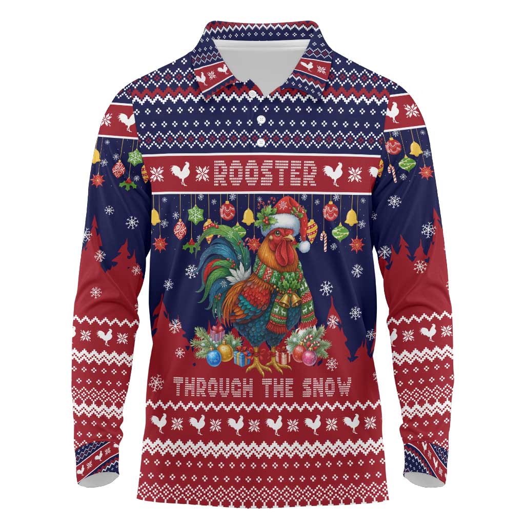Rooster Through The Snow Christmas Long Sleeve Polo Shirt Xmas Holiday Patterns - Wonder Print Shop