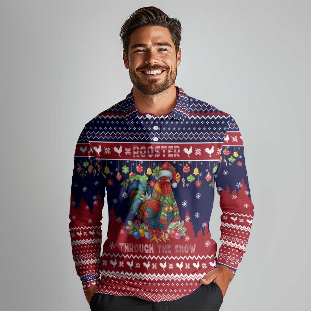 Rooster Through The Snow Christmas Long Sleeve Polo Shirt Xmas Holiday Patterns - Wonder Print Shop