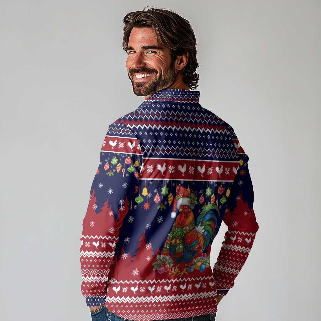 Rooster Through The Snow Christmas Long Sleeve Polo Shirt Xmas Holiday Patterns - Wonder Print Shop