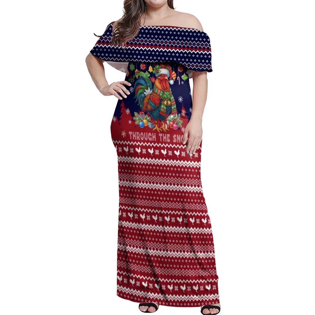 Rooster Through The Snow Christmas Off Shoulder Maxi Dress Xmas Holiday Patterns - Wonder Print Shop