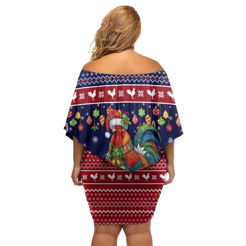 Rooster Through The Snow Christmas Off Shoulder Short Dress Xmas Holiday Patterns - Wonder Print Shop