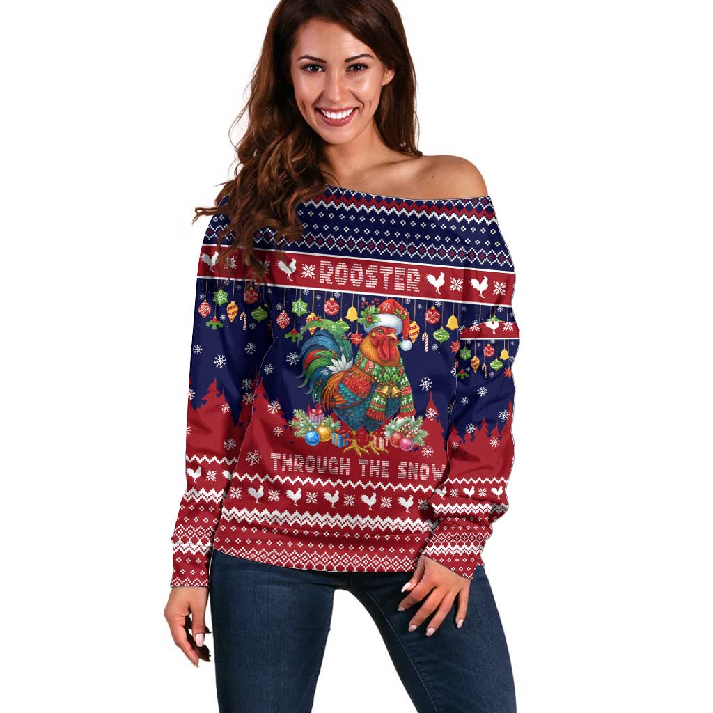 Rooster Through The Snow Christmas Off Shoulder Sweater Xmas Holiday Patterns - Wonder Print Shop