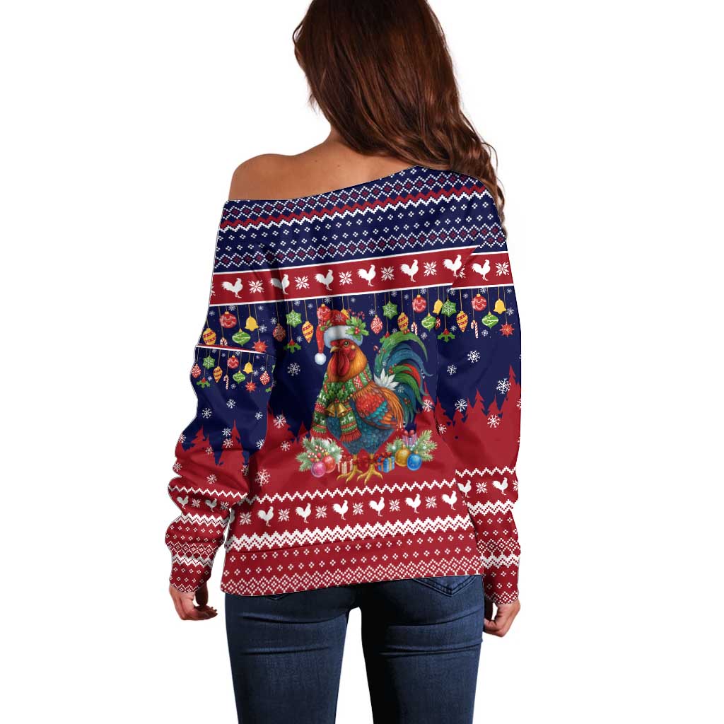 Rooster Through The Snow Christmas Off Shoulder Sweater Xmas Holiday Patterns - Wonder Print Shop