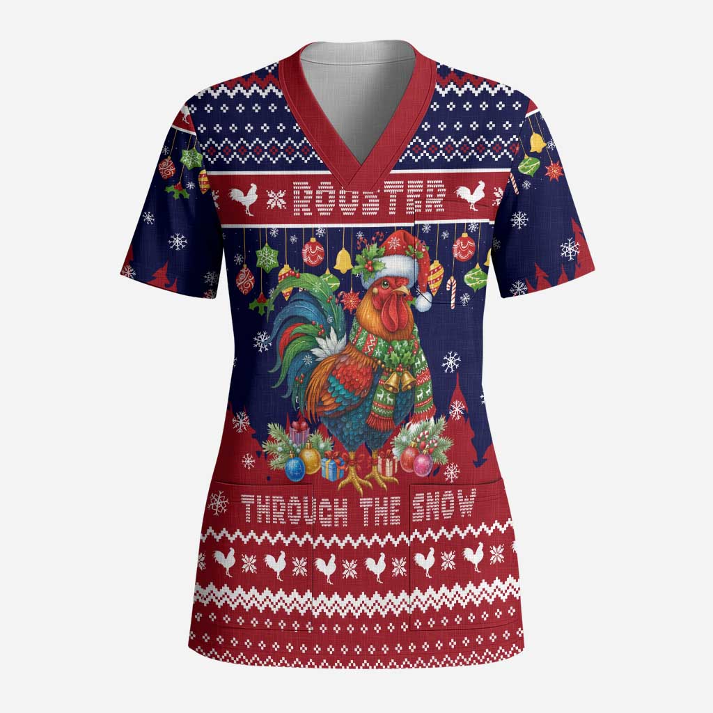 Rooster Through The Snow Christmas Scrub Top Xmas Holiday Patterns - Wonder Print Shop