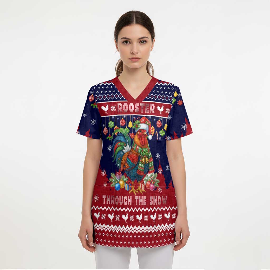 Rooster Through The Snow Christmas Scrub Top Xmas Holiday Patterns - Wonder Print Shop
