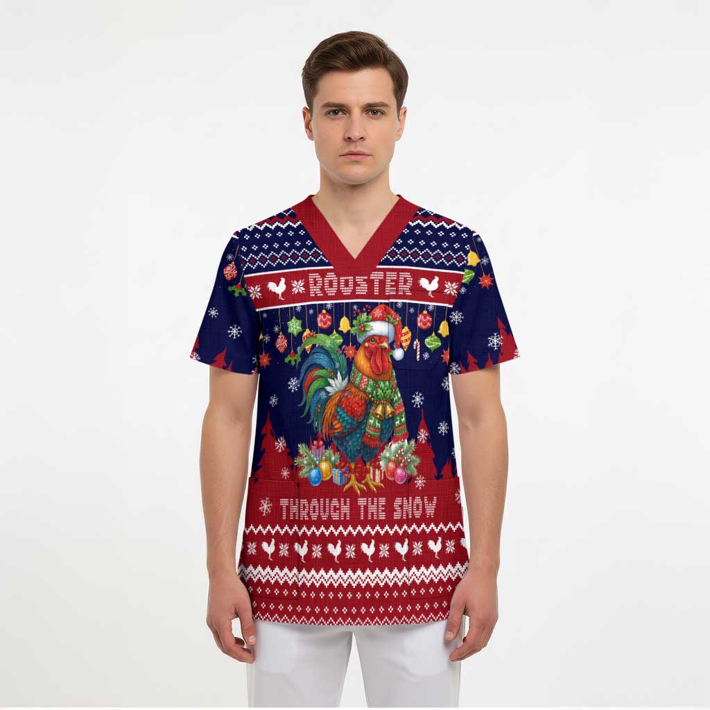 Rooster Through The Snow Christmas Scrub Top Xmas Holiday Patterns - Wonder Print Shop